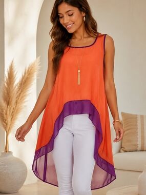 Pretty Rebellious Orange & Purple Sheer High-Low Sleeveless Tunic Top Sz XL